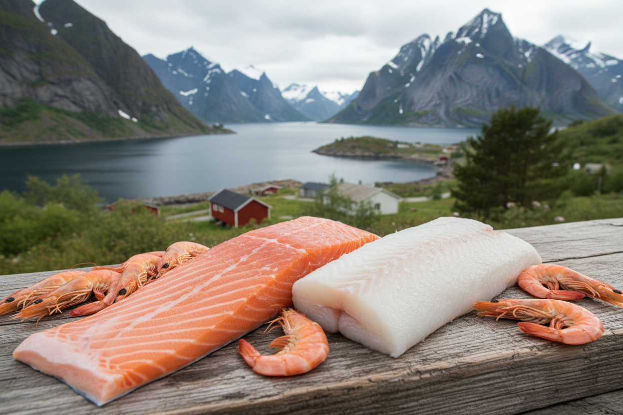 en vannrett bilde med maks 500 høyde, der i fronten skal det ligge laksefile, torskrygg, reker. I bakgrunnen er det norsk natur med fjell og hav