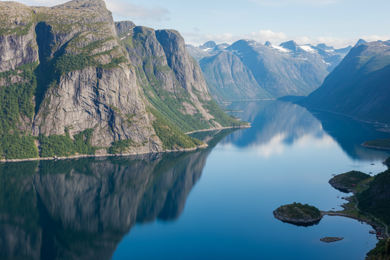landskapsbilde med norske fjorder og hav